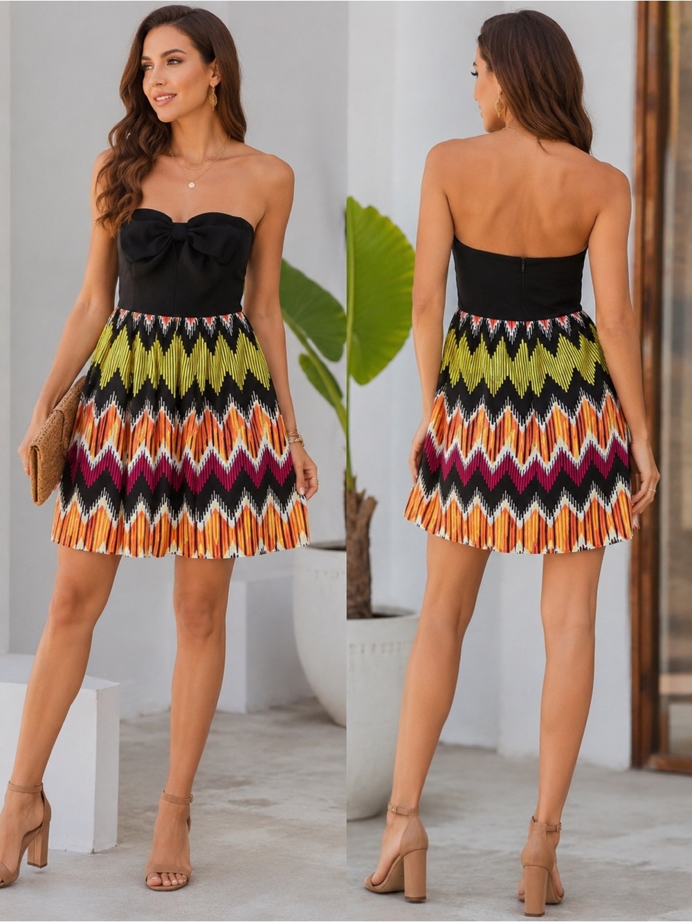 Wet Seal Black Strapless Dress with Multicolor Chevron Skirt